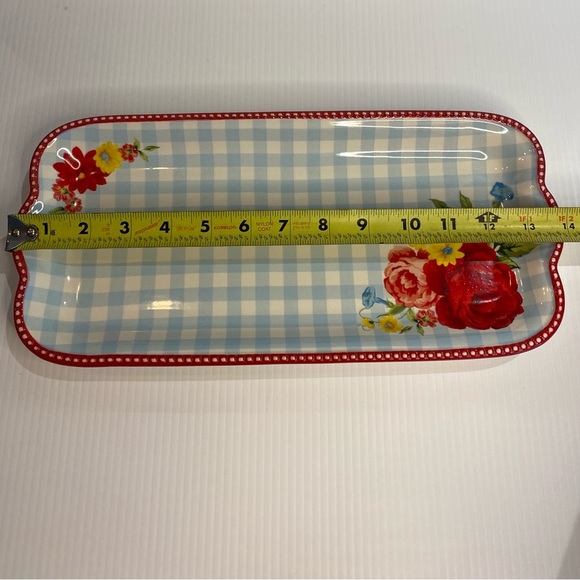 Pioneer Woman Narrow Platter Sweet Rose Gingham & Floral 14" x 7" Stoneware - Picture 5 of 6